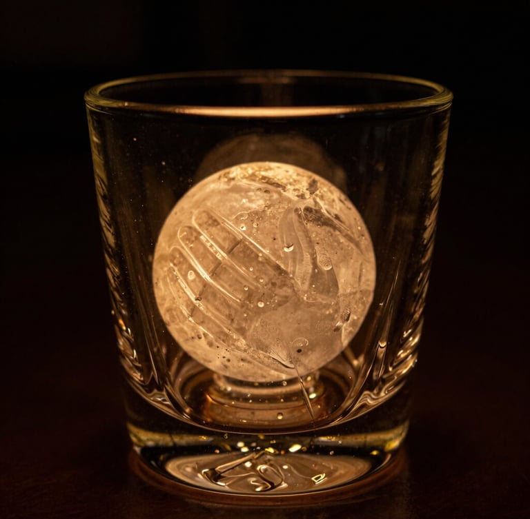 Low-key dark moody photography of a single hand-carved translucent ice sphere inside a crystal rocks glass, warm amber backlight, deep rich shadows, 35mm