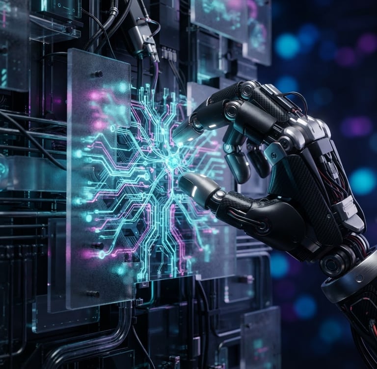 Macro close-up of a sleek 3D robotic hand assembling glowing cyan neural network nodes, dark futuristic background, translucent glassmorphism textures, cinematic studio lighting, octane render