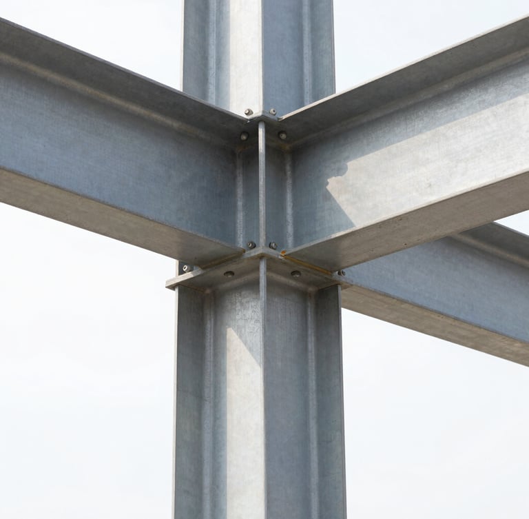 Close-up macro shot of heavy-duty structural steel column connection, bolted gusset plate, industrial architectural details, sharp focus