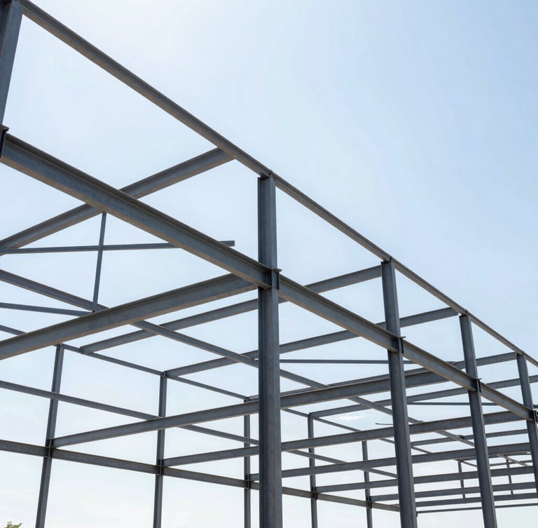 Low-angle architectural photography of a heavy steel warehouse frame under construction, bright direct Florida daylight, high-contrast iron gray steel beams against a clear sky