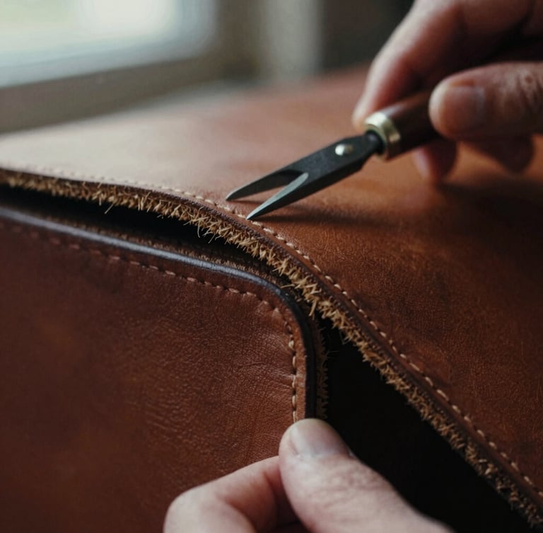 Macro close-up of thick vegetable-tanned leather edges showing the fibrous grain, hands of an artisan holding a cutting tool, soft warm side lighting, 35mm film grain.