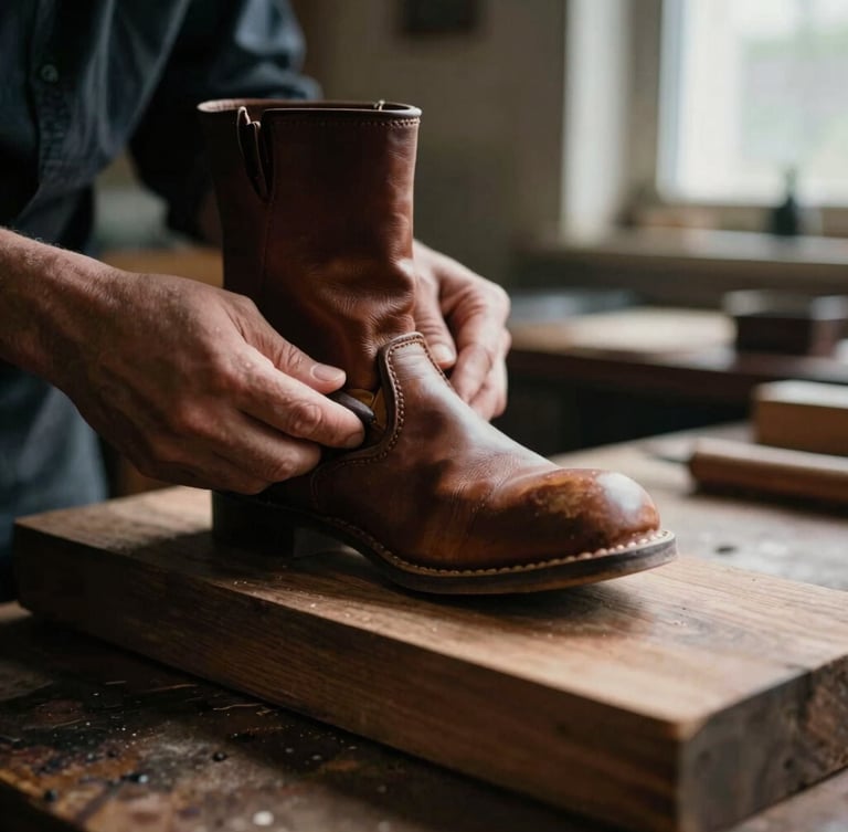 Macro close-up of artisan hands lasting a thick leather boot over a traditional wooden mold, low-key side-lighting from a workshop window, deep warm tobacco tones, 35mm film grain, shallow depth of field