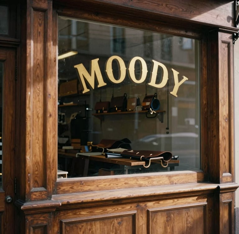 Moody heritage photography of a leather workshop storefront, warm single window light casting soft shadows on oak wood, vintage gold lettering on glass, 35mm film grain