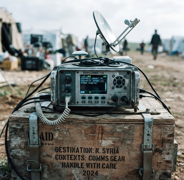 Macro shot of a rugged satellite tracking terminal on an aid crate, high-contrast digital glow, cool-toned color grading, sharp 35mm lens