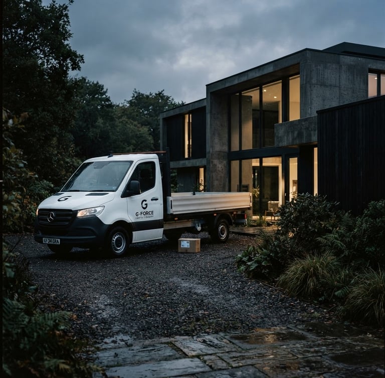 A clean white drop-side delivery van with minimalist black G-Force branding parked outside a modern architectural home, moody lighting, 35mm