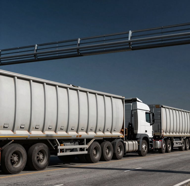 Heavy freight trucks aligned at a border crossing under cool-toned industrial daylight, sharp focus on cargo seals and heavy grid lines, deep navy sky.