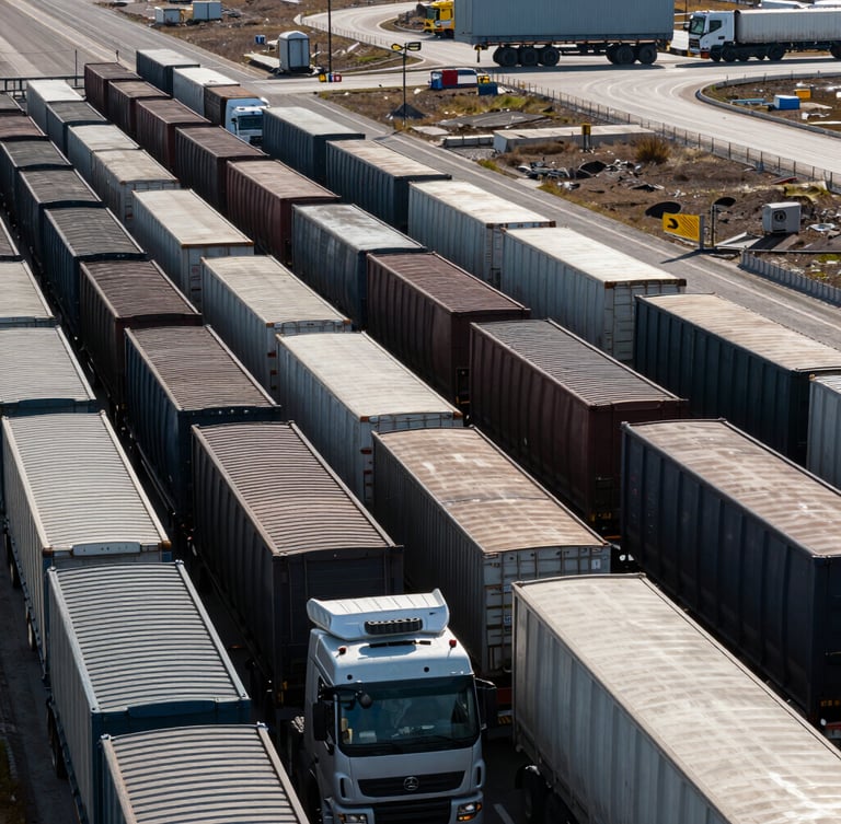 Wide panoramic shot of heavy freight trucks lined up at a Sino-Russian border crossing under cool daylight, high contrast, industrial scale, sharp focus on the transport infrastructure.