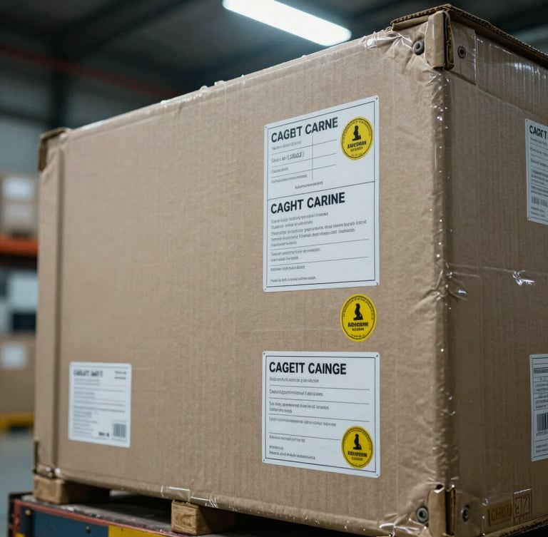 Tight, sharp close-up of cargo labeling and security seals on a heavy shipping crate, illuminated by cool-toned industrial warehouse lighting.