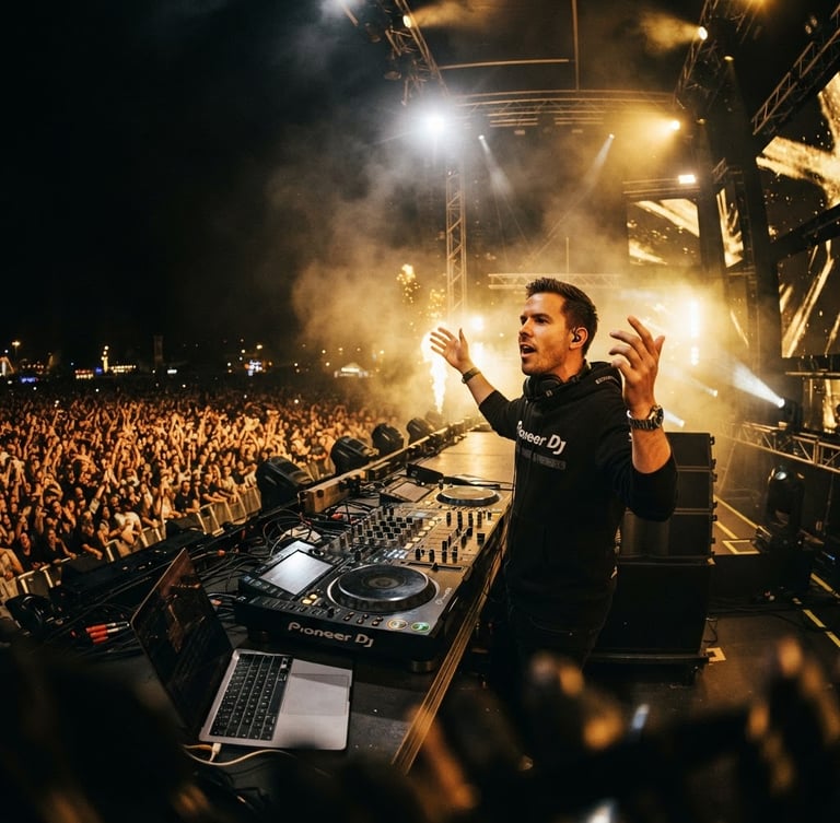 Low-angle shot of a charismatic DJ performing in front of a massive festival crowd, dramatic golden stage backlighting, deep blacks, high-contrast concert photography, 35mm