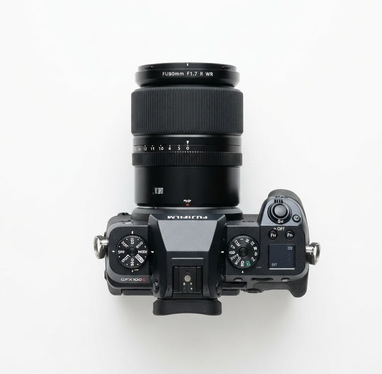 Bright high-key studio product photography of a premium mirrorless camera and lens on a clean white background, sharp focus, overhead layout