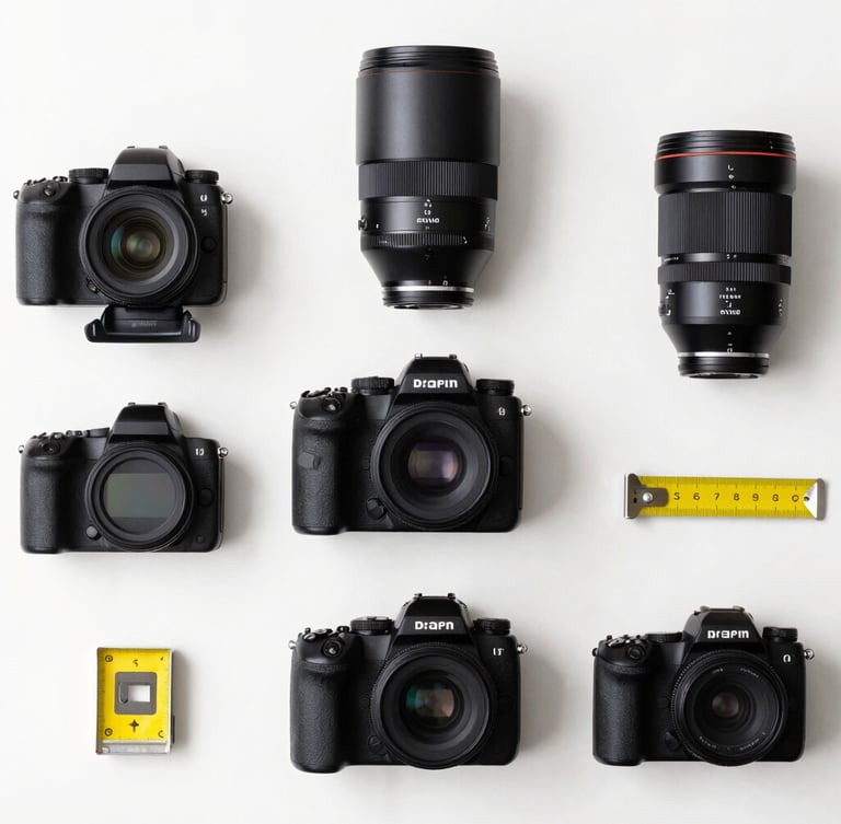 Overhead flat-lay of compared tech devices, camera gear, and measuring tools on a clean white desk, bright studio lighting