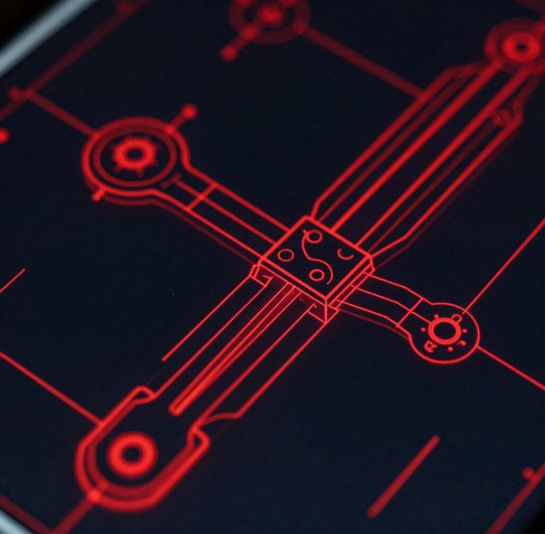 Extreme close-up of high-fidelity CAD schematic on a dark screen with glowing red vector lines, showing precise mechanical joints and tolerance data.