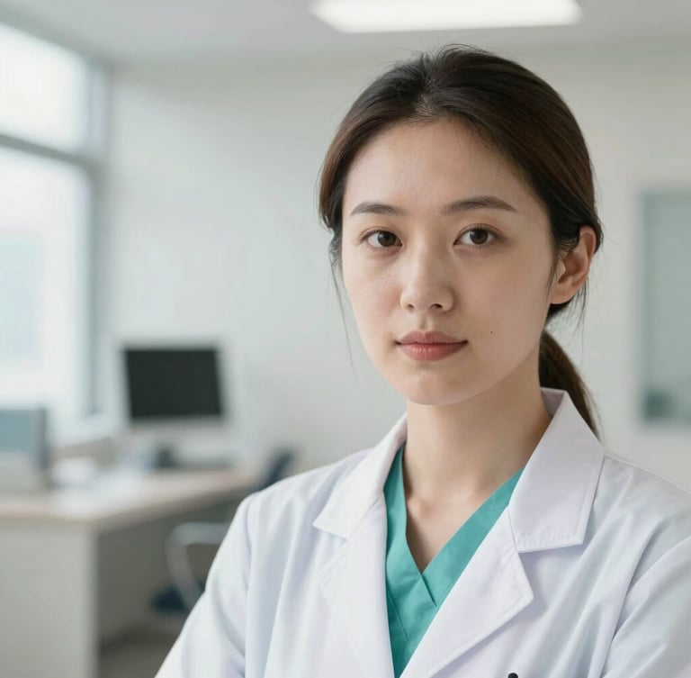 Medium close-up of a professional female clinician in a bright, modern clinic, looking directly at the camera, daylight, clinical photography
