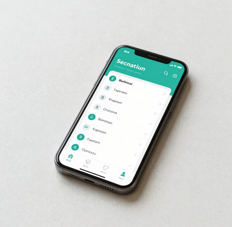 A clean flat-lay of a modern smartphone displaying a secure medical dashboard, soft daylight, teal accents, sharp focus