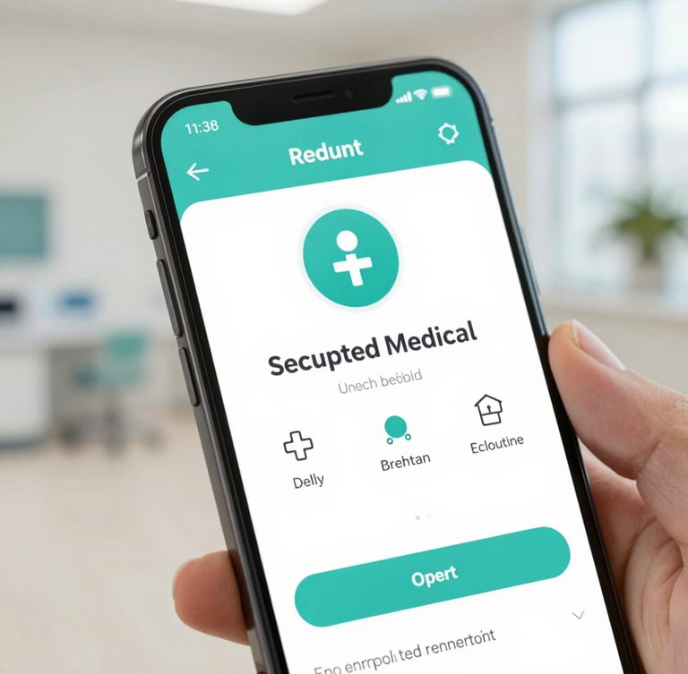 A close-up of a modern smartphone displaying a secure, encrypted medical portal interface, clean clinical background with soft teal accents, bright neutral daylight.