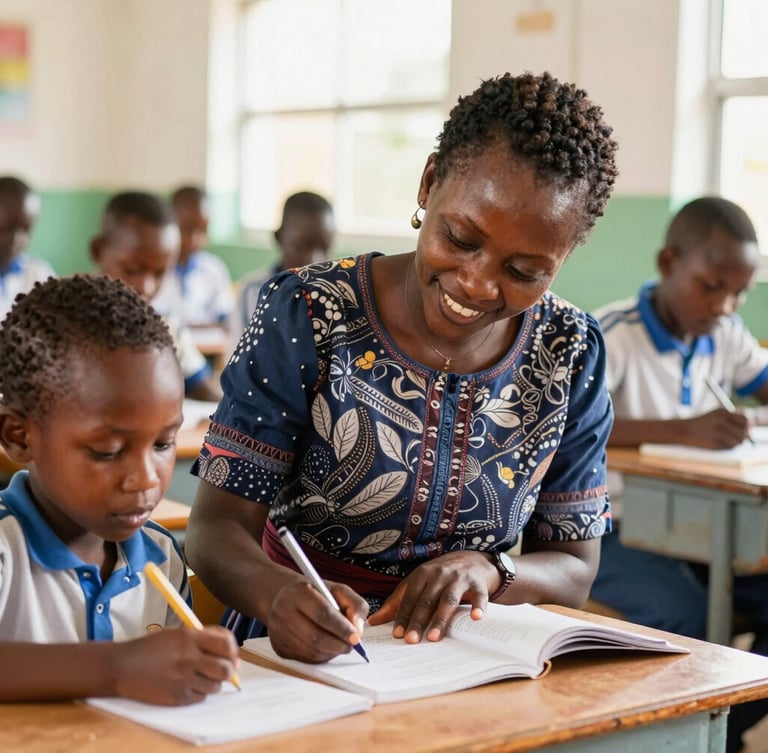 Candid portrait of a smiling Ugandan primary teacher helping a young pupil with writing in a bright, sunlit classroom, close-up of book, warm editorial photography