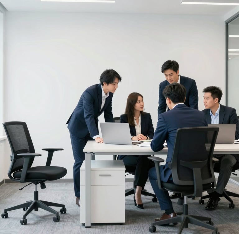 Professional corporate photography of a clean, modern office environment with a team collaborating around a desk, bright natural office lighting, sharp focus, 35mm, an empty chair to the left for negative space.