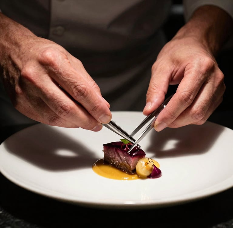 Close-up of a chef's hands meticulously plating a gourmet dish with tweezers, dramatic side-lighting, deep shadows, rich bordeaux and gold tones, 35mm