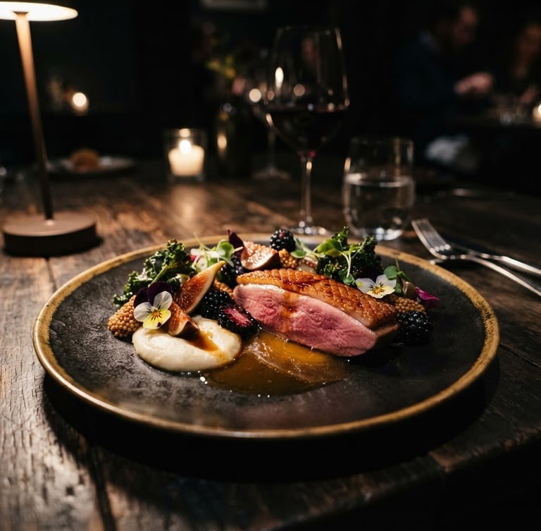 Vue rapprochée d'un plat gastronomique élégamment dressé, avec des couleurs riches et des textures variées, éclairé par une lumière latérale dramatique, sur une table sombre, ambiance restaurant étoilé, dark moody food photography, rich bordeaux and gold tones, shallow depth of field, 35mm.