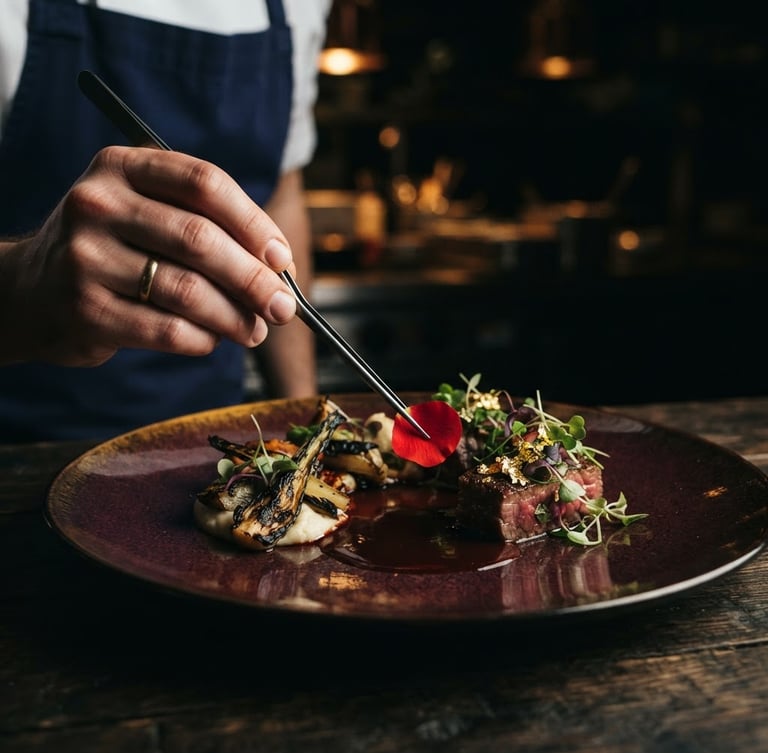 Gros plan sur une main de chef tenant une pince, dressant délicatement une assiette gastronomique avec une sauce riche, éclairage latéral dramatique, ambiance sombre et luxueuse, tons bordeaux et or.