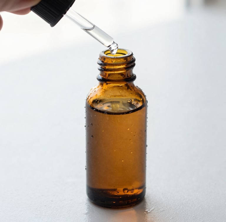 Extreme close-up of a minimalist amber glass serum dropper bottle on a wet, reflective white surface under natural morning light, clean clinical aesthetic, 35mm