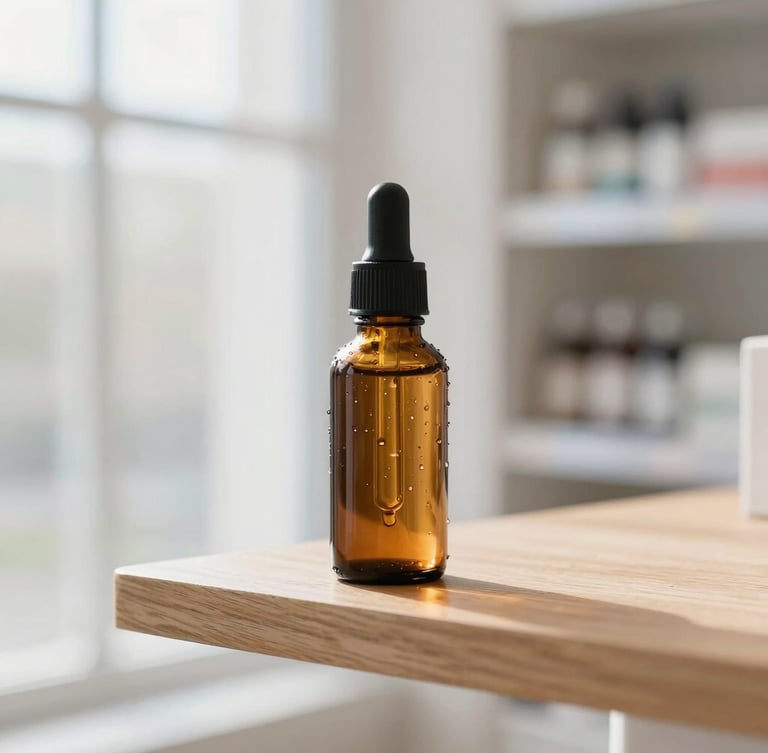 A clean amber glass dropper bottle on a minimalist wooden shelf in a bright, modern German drugstore, soft morning window light, 35mm