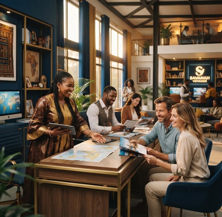 Professional Malian travel consultants in a modern office setting, smiling and assisting clients, warm ambient lighting, deep blue and gold tones, 35mm