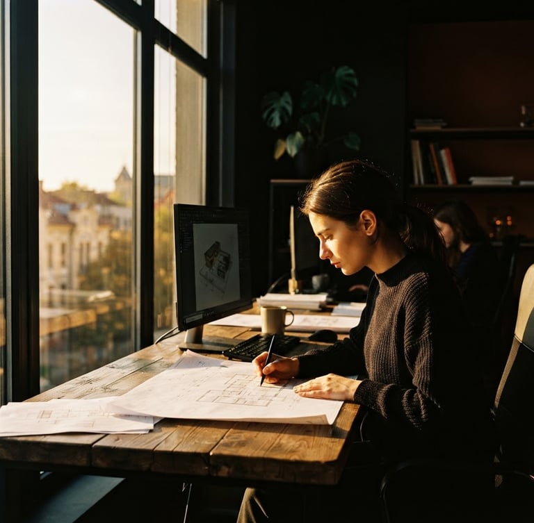 Warm editorial photography of a modern sunlit office in Botoșani, dramatic contre-jour backlighting, golden light streaming through a window, deep shadows, 50mm lens, portrait aspect
