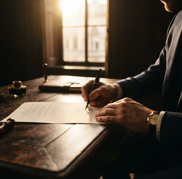 Close-up of hands signing a structured contract on a dark wooden desk, dramatic golden contre-jour light from a tall window, deep shadows, warm bronze tones, 50mm lens