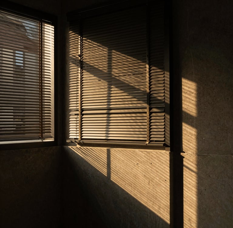 Architectural detail of a modern law office in Botoșani, warm sunlight cutting through dark venetian blinds, creating golden lines on a concrete wall, deep shadows