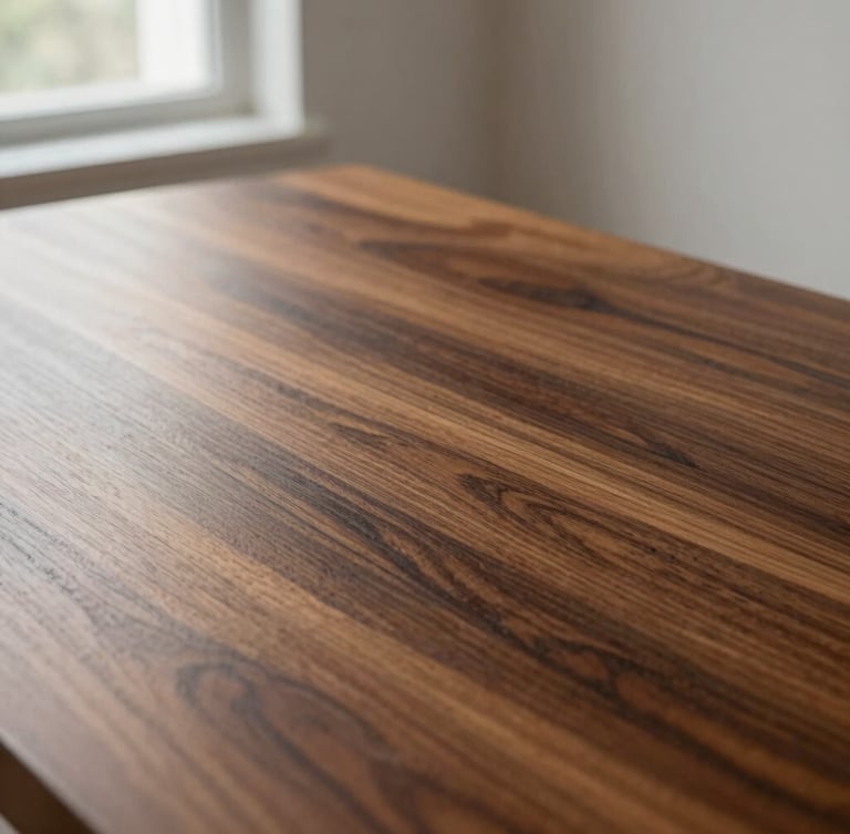 Extreme close-up of a polished mahogany wood table surface, showing deep rich grain textures, dramatic natural side-lighting from a window creating soft shadows, clean minimalist professional environment.