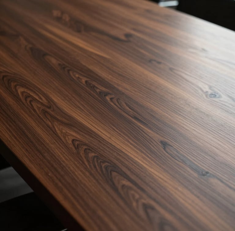 Extreme close-up of a high-end physical boardroom table made of dark polished mahogany wood, warm side-light highlighting the grain, sharp shadows, minimalist architectural feel