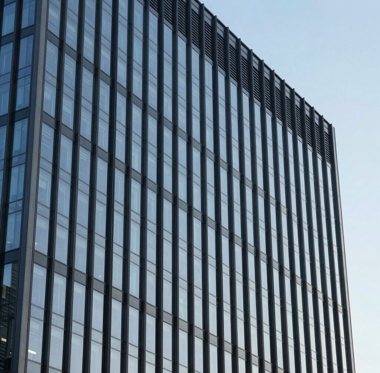 Vertical shot of modern corporate headquarters facade, clean architectural lines of glass and dark steel, sharp contrast against clear sky