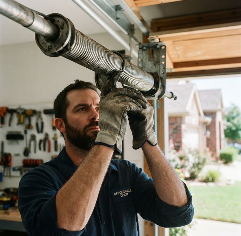 Technician inspecting a garage door spring close-up, bright natural daylight, clean metal, focused hands, suburban home in background.