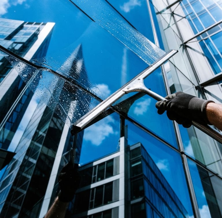 Close-up of a professional squeegee pulling water off a large clean glass window, bright daylight, electric blue sky reflections, sharp architectural lines, 35mm.