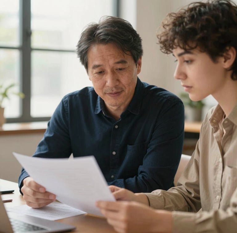 Medium portrait shot of an experienced founder and a younger successor reviewing physical documents together in a warm office, soft natural window light, authentic interaction.