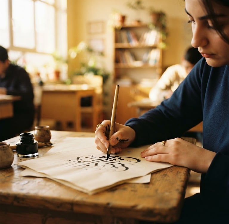 A focused student's hands writing Arabic calligraphy in a warm, sunlit classroom, soft natural window light casting golden tones, shallow depth of field, gentle engagement.