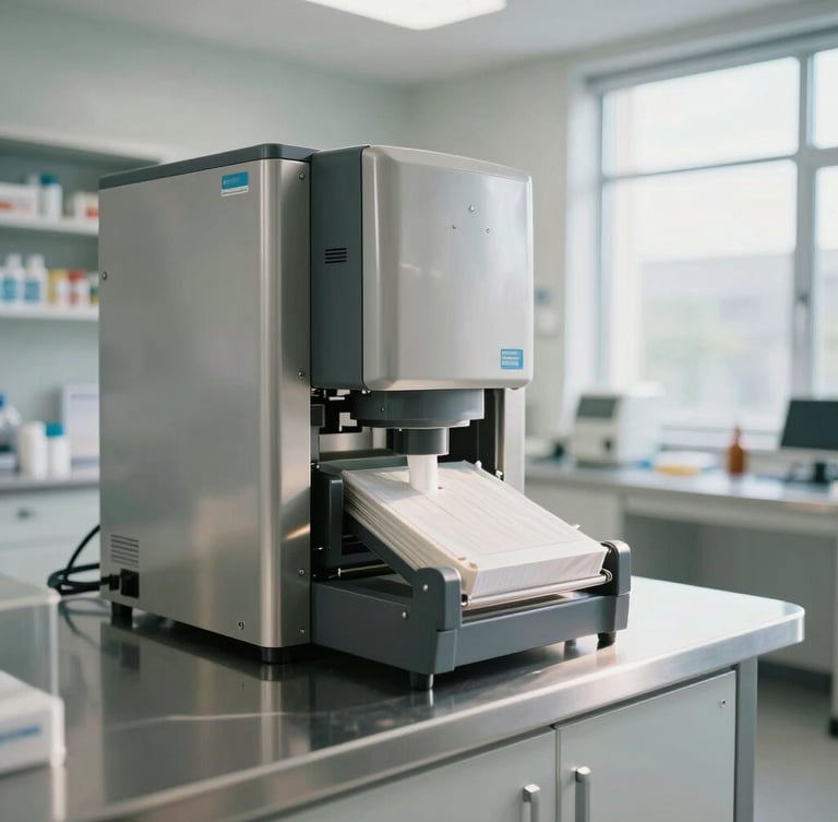 A bright, modern long-term care pharmacy cleanroom with stainless steel surfaces and automated packaging technology, clean natural daylight.