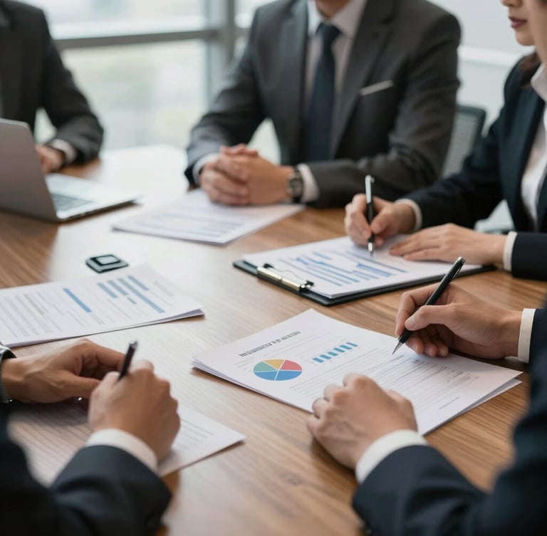 A professional corporate boardroom strategy session with clinical documents and charts on a wooden table, soft natural window lighting.