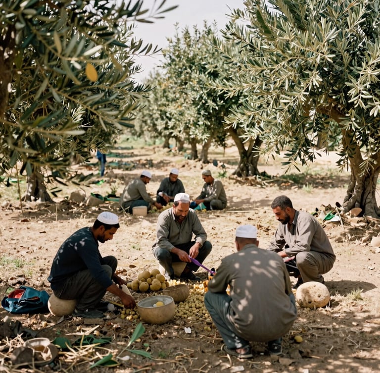 A warm, sun-drenched documentary photograph of local farmers collaborating in a cooperative olive grove in Tunisia, medium shot, natural daylight, 35mm lens