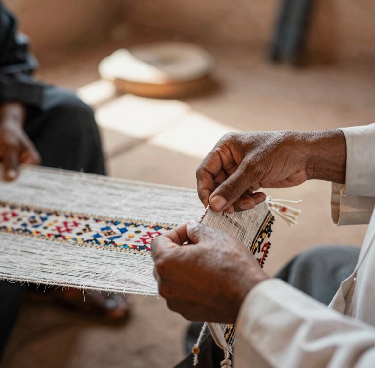 A warm close-up of hands weaving a traditional textile in a cooperative workshop in Morocco, soft natural side lighting, authentic regional setting, 35mm lens