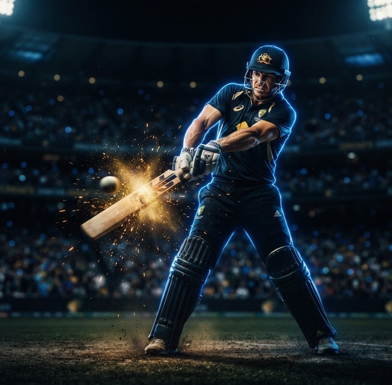 Low-angle dynamic action shot of a professional batsman mid-swing, electric royal blue neon rim lighting, deep gold sparks, dark stadium background, cinematic 35mm