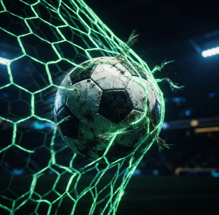 Dynamic close-up of a soccer ball tearing through a digital neon green net, low-key dramatic lighting, deep gold and electric blue accents, 35mm