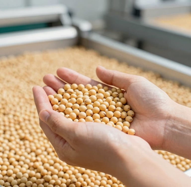Close-up of raw golden soybeans held in hands under bright natural daylight, clean industrial agricultural sorting facility in the background.