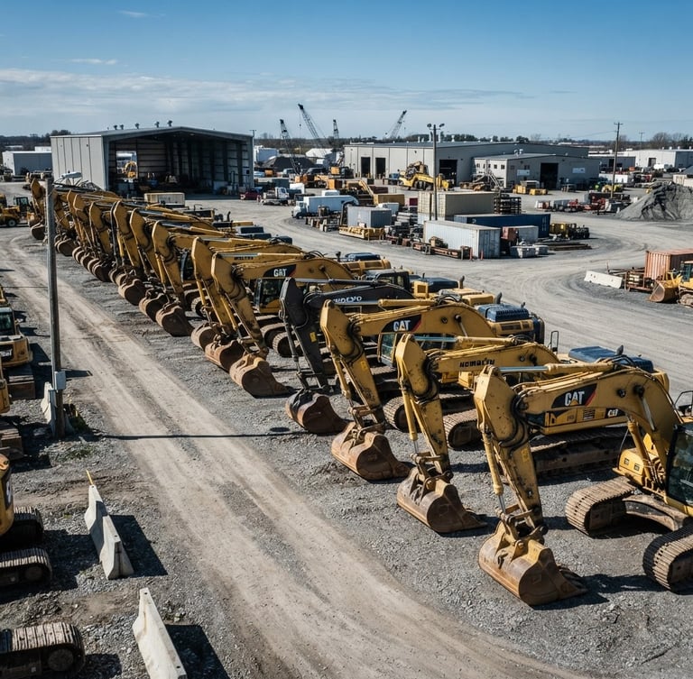Wide-angle industrial yard with massive yellow excavators and heavy machinery parked in a row, bright natural daylight, high contrast shadows, sharp industrial photography