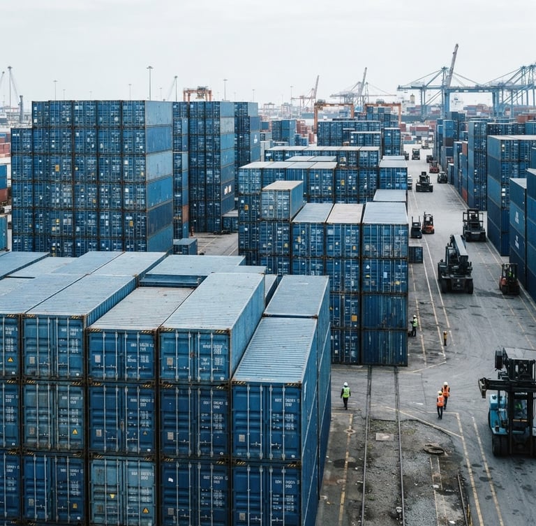 A sharp industrial portrait of stacked blue cargo shipping containers at a high-volume logistics terminal under bright natural daylight, cool desaturated tones, deep depth of field.