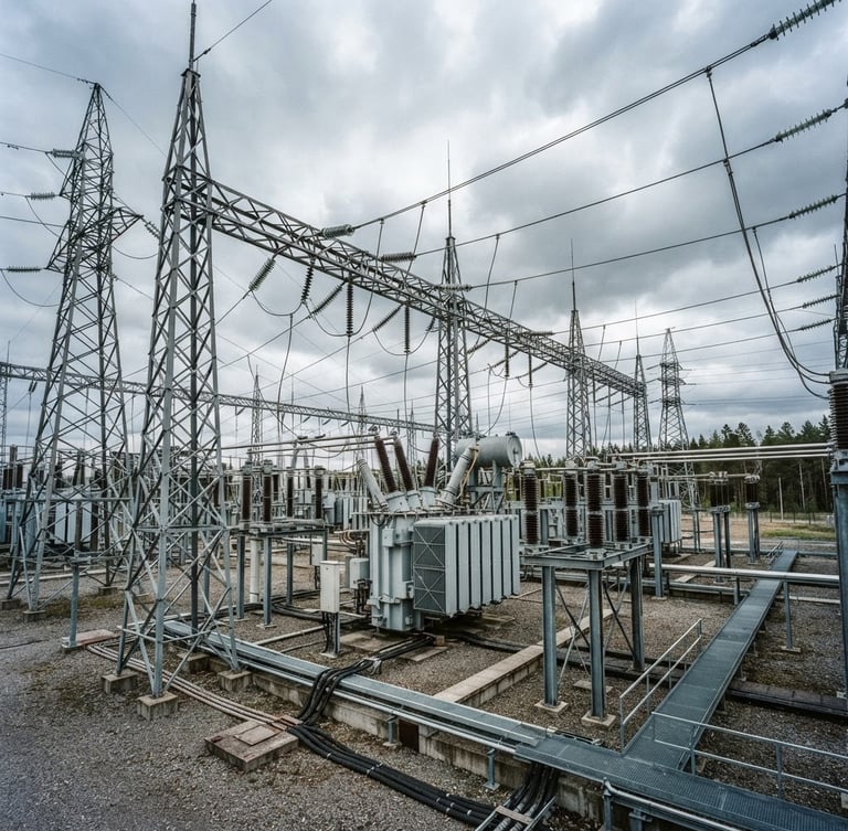 Wide-angle industrial high-voltage substation under cool overcast daylight, high-contrast technical tones, 35mm