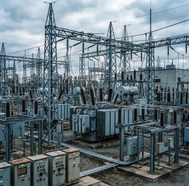 Wide-angle crisp industrial photography of high-voltage substation power electronics, cool overcast daylight, technical high-contrast slate and cyan tones, 35mm lens.