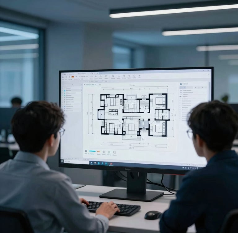 Developers collaborating on a complex architectural diagram on a large monitor in a modern tech office, cool blue ambient lighting, high contrast, sharp focus, professional tech environment, 35mm