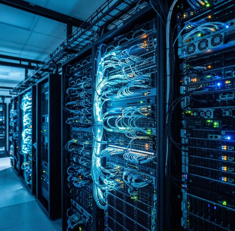 Wide-angle shot of complex data flowing through a modern server rack, cool blue ambient light, high contrast, sharp focus, professional tech environment, 35mm